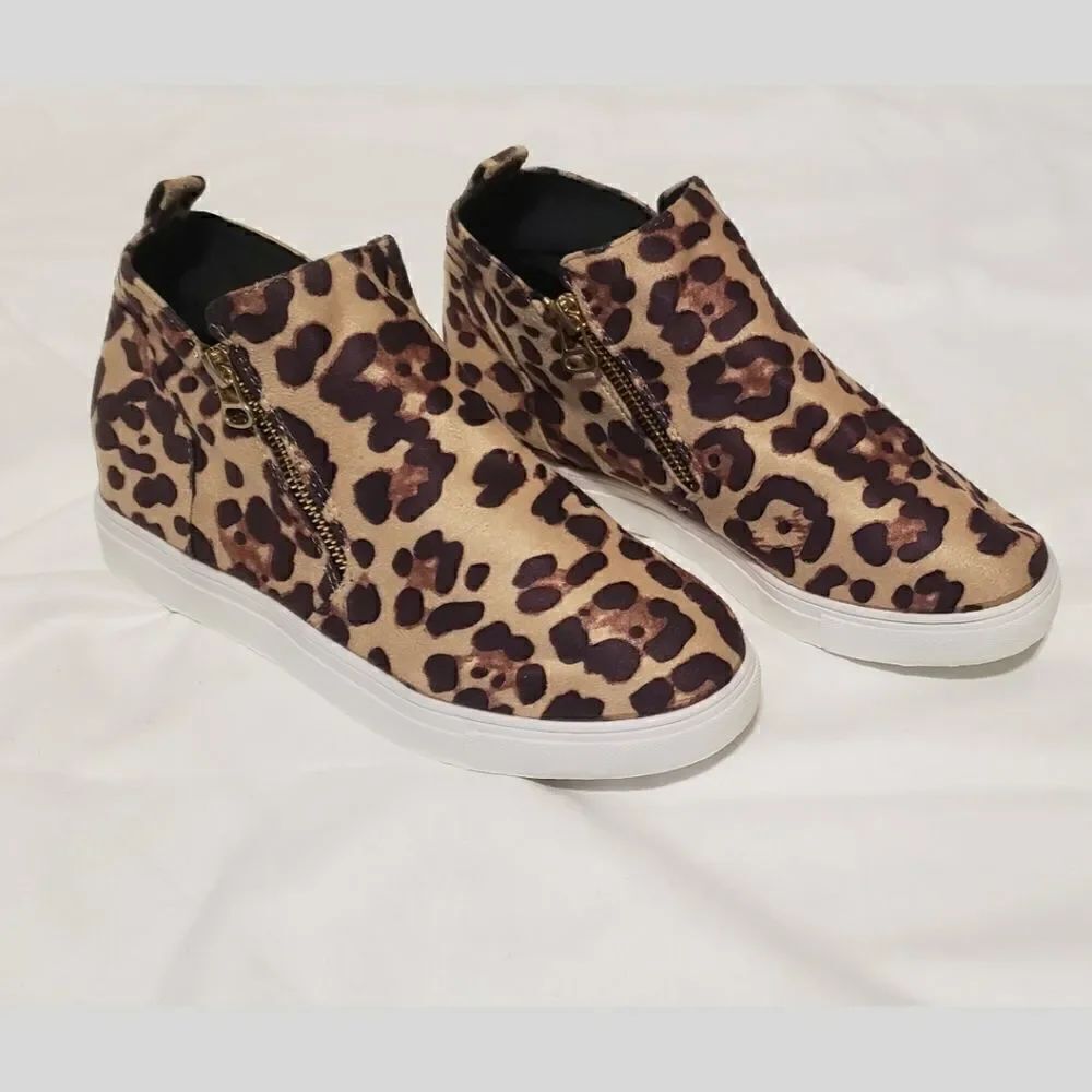New wedge leopard print zip up high top sneakers